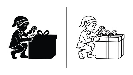Elf Opening Gift: A playful elf, adorned in a classic pointy hat and tunic, carefully unwraps a festive gift box, hinting at holiday magic and cheerful surprises.