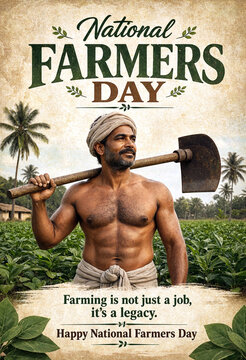 Portrait of a dedicated farmer with shovel celebrating national farmers day in green fields
