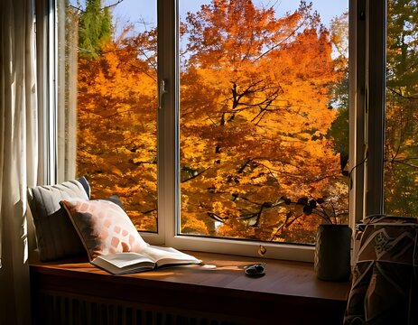 Cozy Window Seat Reading Nook with Beautiful Autumn Foliage View.