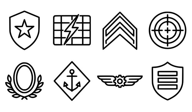 Military Rank and Insignia Outline Icon Set for Armed Forces Badges, Army Medals, Security Emblems, and National Defense Symbols