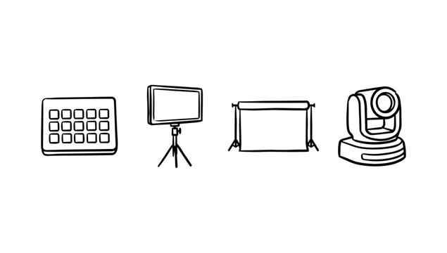 Minimalist doodle line art showing bright led panel softbox projector screen and ptz camera