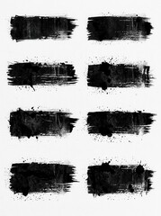 Fototapeta premium Set of eight black grunge ink brush strokes and splatters with halftone texture on white background