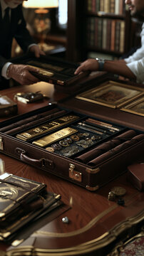 Gold Bars and Precious Metals in Luxury Leather Cases During a Private Wealth Investment Transaction