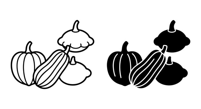 Autumn Harvest Squash Icons, Simple Outline and Silhouette Vegetable Graphics, Fall Food Vector Set