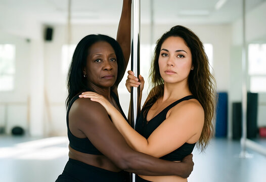 Intergenerational fitness and diversity in pole dancing, two women of different ages and ethnicities posing in a studio