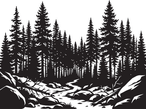 Vintage pine forest landscape vector, black and white evergreen woods silhouette, rustic mountain trail with coniferous trees