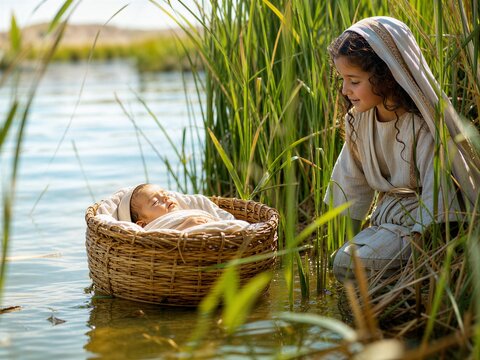 Baby Moses Floating in a Papyrus Basket Among Nile Reeds as Miriam Watches in Ancient Egypt.