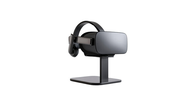 Modern virtual reality headset displayed on stand with sleek black on transparent background