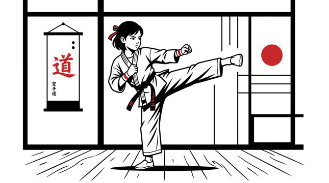 Young Girl Practicing Martial Arts in Traditional Dojo