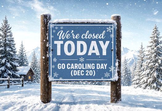 Winter holiday sign announcing closure for christmas caroling day in snowy mountain landscape scene