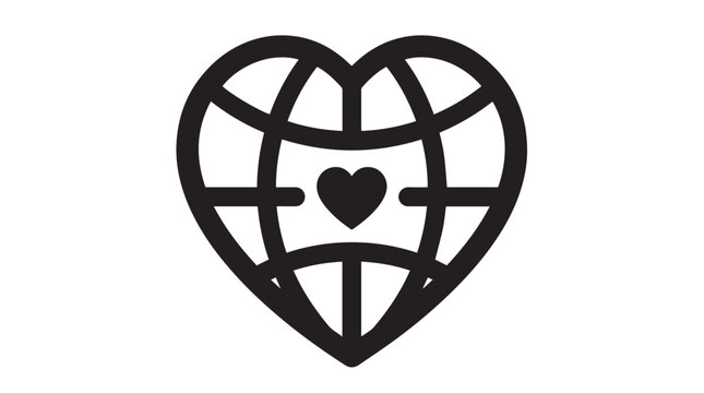 Heart shaped globe icon representing international love and global unity design illustration on white background