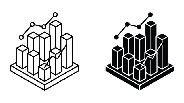 Isometric data bar chart and growth trend graph icons with business, analysis