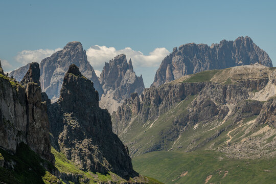 Livinallongo del Col di Lana, Italy. Dramatic Dolomites mountain peaks and rugged alpine cliffs in a high-altitude landscape