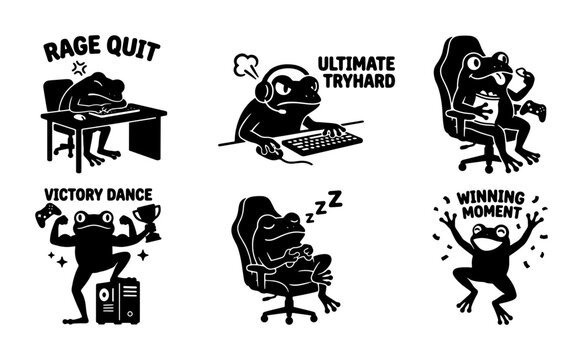 Funny Gamer Frog Vector Icons Set: Rage Quit, Ultimate Tryhard, Victory Dance, Winning Moment, Sleeping Frog, Gaming Lifestyle Illustrations