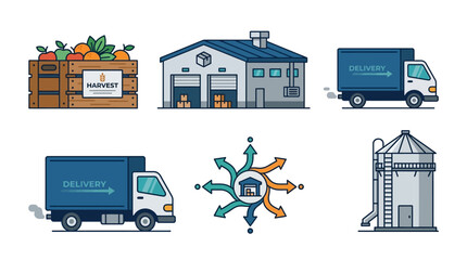 Obraz premium Logistics and Agricultural Distribution Flat Vector Icon Collection Representing Warehouse Storage and Transport Processes