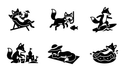 Fototapeta premium Cute Fox Summer Vacation Icons Set, Adorable Animal Beach Holiday Vector Graphics, Playful Fox Characters Enjoying Sun, Surf, and Sand