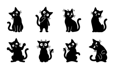 Obraz premium Set of 8 Black Cat Silhouettes, Expressive Cartoon Felines, Cute Pet Characters, Whimsical Animal Icons, Vector Graphics for Design