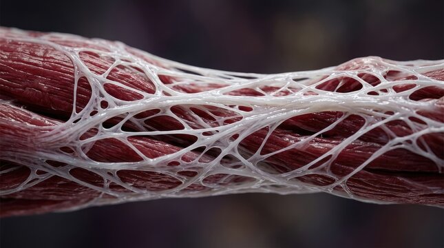 Human muscular tissue showing detailed fibers and connective fascia strands in a high resolution scientific medical macro photography close up view