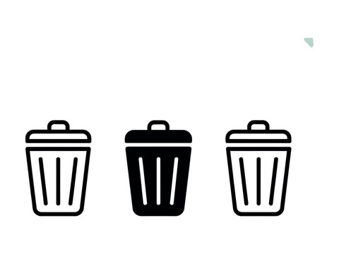 Trash can icon pack featuring outline, solid black and hand drawn rubbish bin symbols for cleaning and sanitation concepts.

