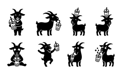 Naklejka premium Goat Boba Tea Vector Icons Set, Cute Farm Animal Silhouette Illustrations, Whimsical Beverage Character Collection