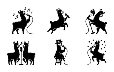 Naklejka premium Singing Llama Vector Icons Set, Musical Performance Silhouettes, Fun Animal Graphics for Entertainment and Celebration Designs