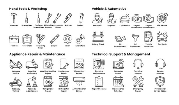 42 Technician Repair and Maintenance Linear Icons, Car Appliance Service and Tool Outline Vector Set