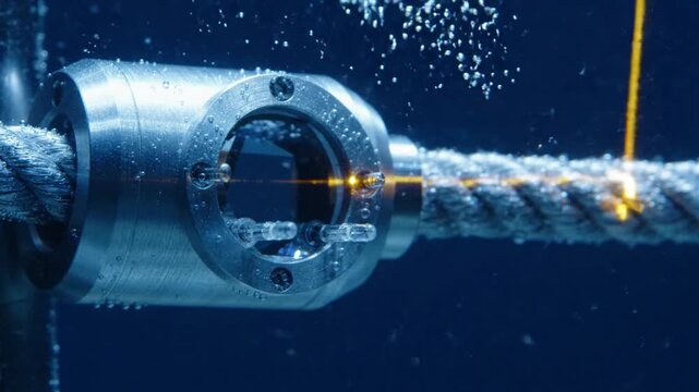 A close-up of a metal clamp and a rope underwater with bubbles and a yellow laser.