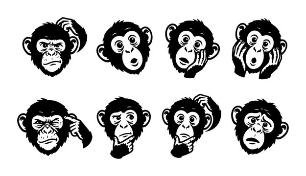 Monkey Faces Expressing Emotions, Set of 8 Vector Icons, Funny Primate Expressions for Communication and Design