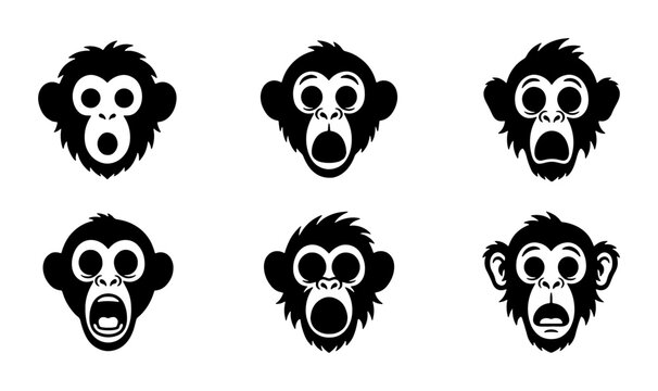 Six Expressive Monkey Faces Vector Icons, Black and White Cartoon Animal Emoticons Set, Playful Primate Expressions for Graphic Design and Web Use