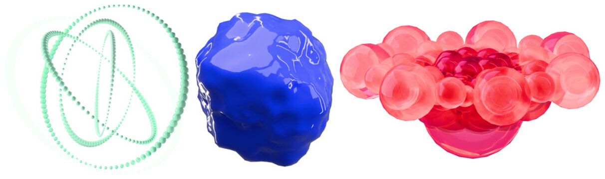 A collection of colorful abstract 3D geometric forms with orbiting rings, a glossy boulder, and layered translucent shapes.