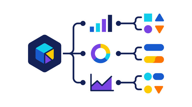 Colorful infographic icons for data analysis and visualization.