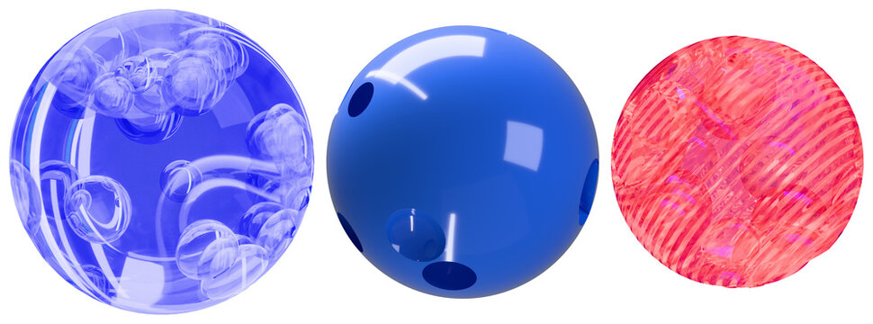 A set of glossy abstract 3D spheres with carved, translucent, and patterned surface details in blue and pink tones.