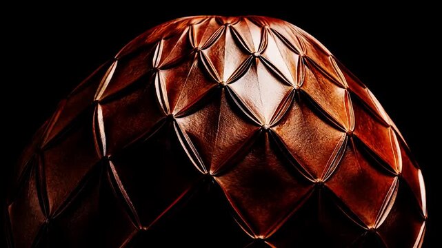 Macro seed pod surface texture, smooth opaque brown surface, geometric ridge pattern, static, dark background