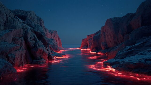 Glowing river between rocky mountains