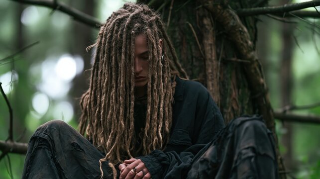 Shamanic dreadhead boy sitting and leaning against a tree in the forest