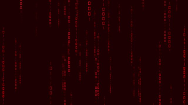 Abstract red digital code animation streams across dark screen space. Falling matrix symbols drive the digital code animation. Futuristic cybersecurity fills the digital code animation.