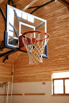 Basketball court and sports activity, indoor gymnasium with hoop and backboard, athletic training and healthy lifestyle