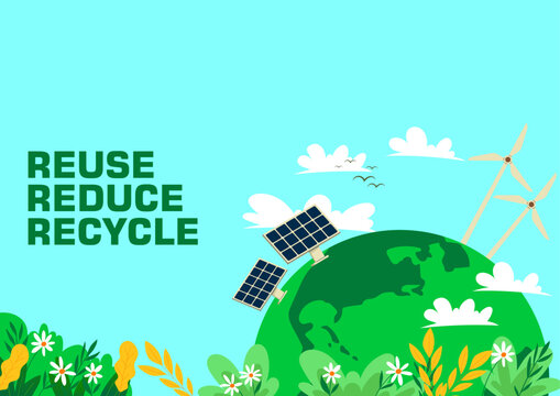 Vector background celebrating Earth salvation with trees and greenery. Reuse, reduce, and recycle. World environment day. Perfect for eco campaigns, sustainability branding, and nature themed visuals 