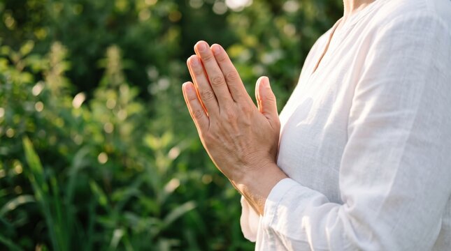 Close up of woman hands pressed together in prayer or meditation gesture wearing white linen shirt, soft sunlight illuminating skin texture against green garden foliage