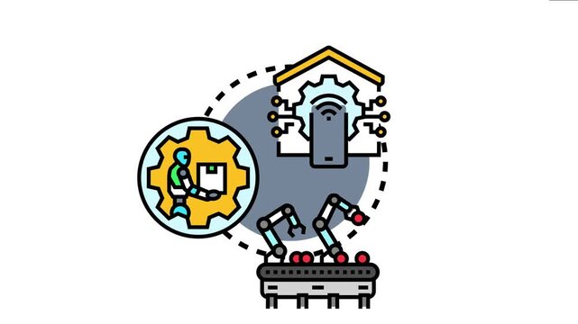 Autonomous ai robotics middleware enabling smart automation systems, with robots and robotic arms performing tasks, connected and controlled via a mobile device within a complex industrial network