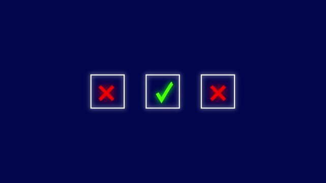 Choice evaluation animation reveals one green check and two red crosses. Digital decision status updates on the evaluation animation. User approval testing completes the evaluation animation.