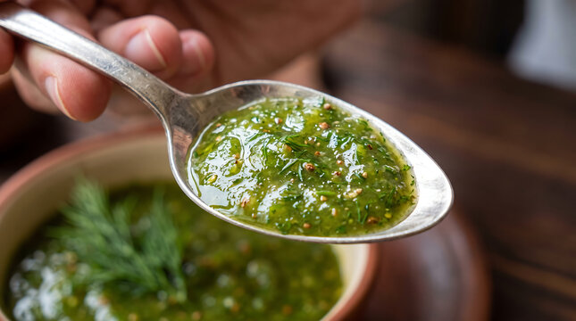 Spoonful of Traditional Georgian Green Tkemali Plum Sauce with Fresh Dill and Garlic Close-Up