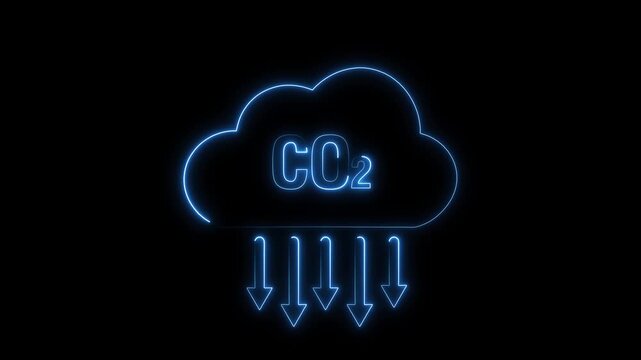 Neon cloud emissions animation features glowing CO2 text and arrows. Climate pollution concept animates this cloud emissions animation. Carbon footprint reduction drives the cloud emissions animation.
