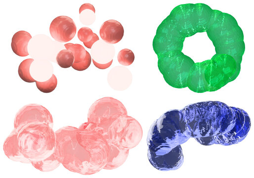 A set of glossy abstract 3D bubble forms in assorted colors and arrangements for modern design use.
