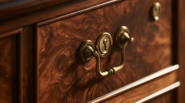 Close up of an antique wooden drawer with ornate brass handle.