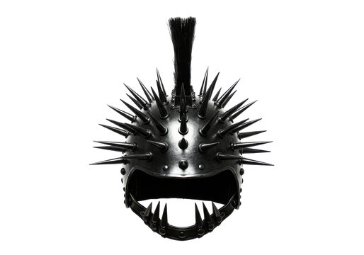 Spiked black helmet with bristle crest and riveted jawline detail isolated white background