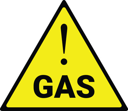 Yellow triangle gas warning sign isolated on white. This hazard symbol features an exclamation mark to alert danger. Perfect for industrial safety or toxic chemical graphic designs.