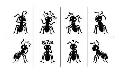 Fototapeta premium Confused Ant Icons, Question Mark Expressions, Insect Poses, Vector Graphics for Biology and Science Concepts