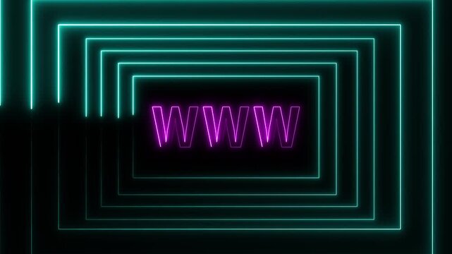 Futuristic neon tunnel animation reveals central glowing WWW web text. Cyberspace internet connection powers this neon tunnel animation. High speed data transmission drives the neon tunnel animation.