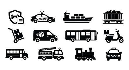 Fototapeta premium Collection of black vector transportation icons on a white background